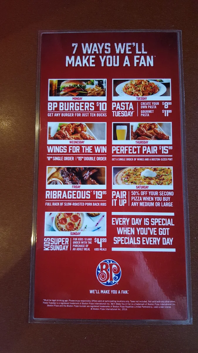 Menu, Boston Pizza