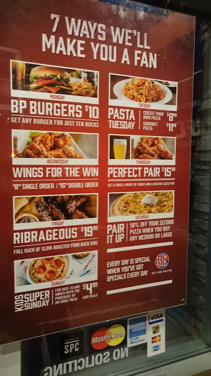 Menu, Boston Pizza