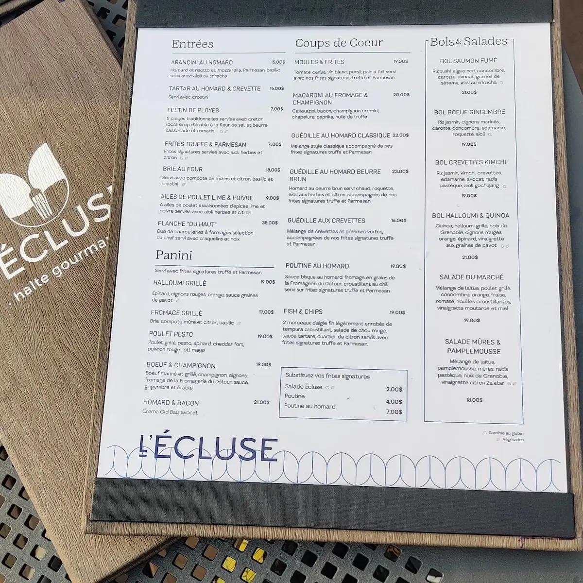 Menu, L'Écluse - halte gourmande