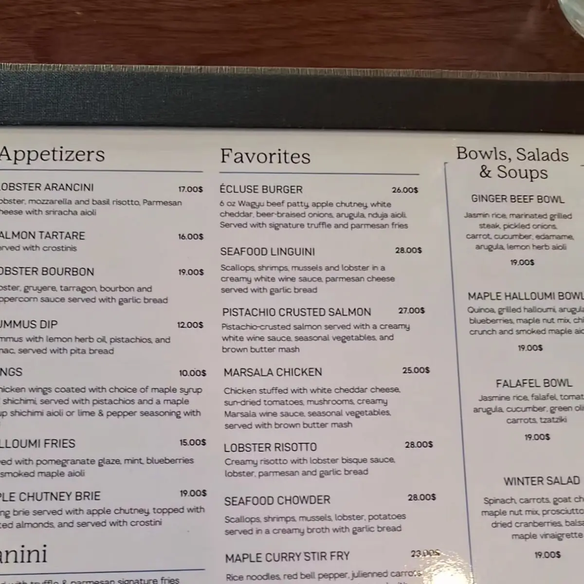 Menu, L'Écluse - halte gourmande