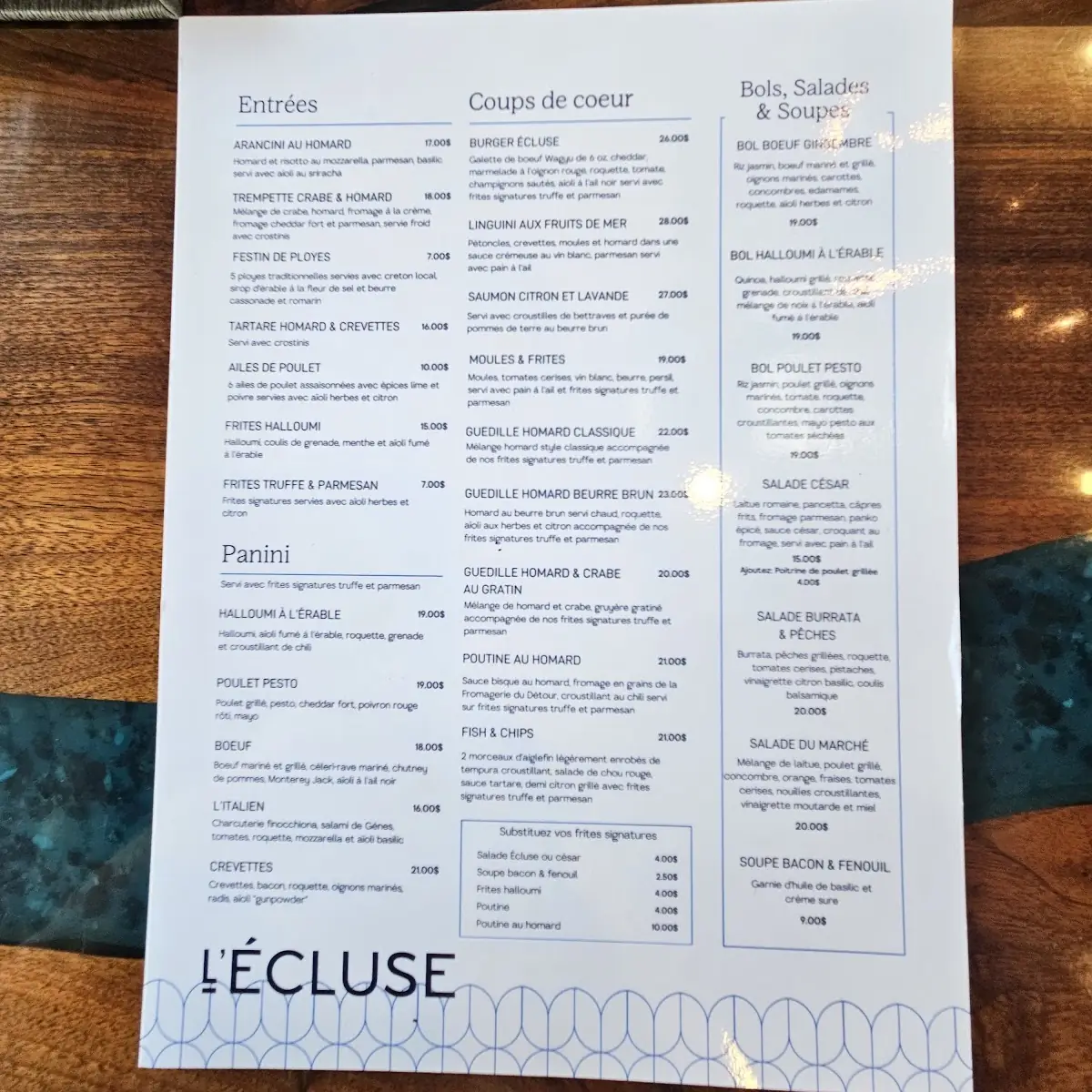 Menu, L'Écluse - halte gourmande