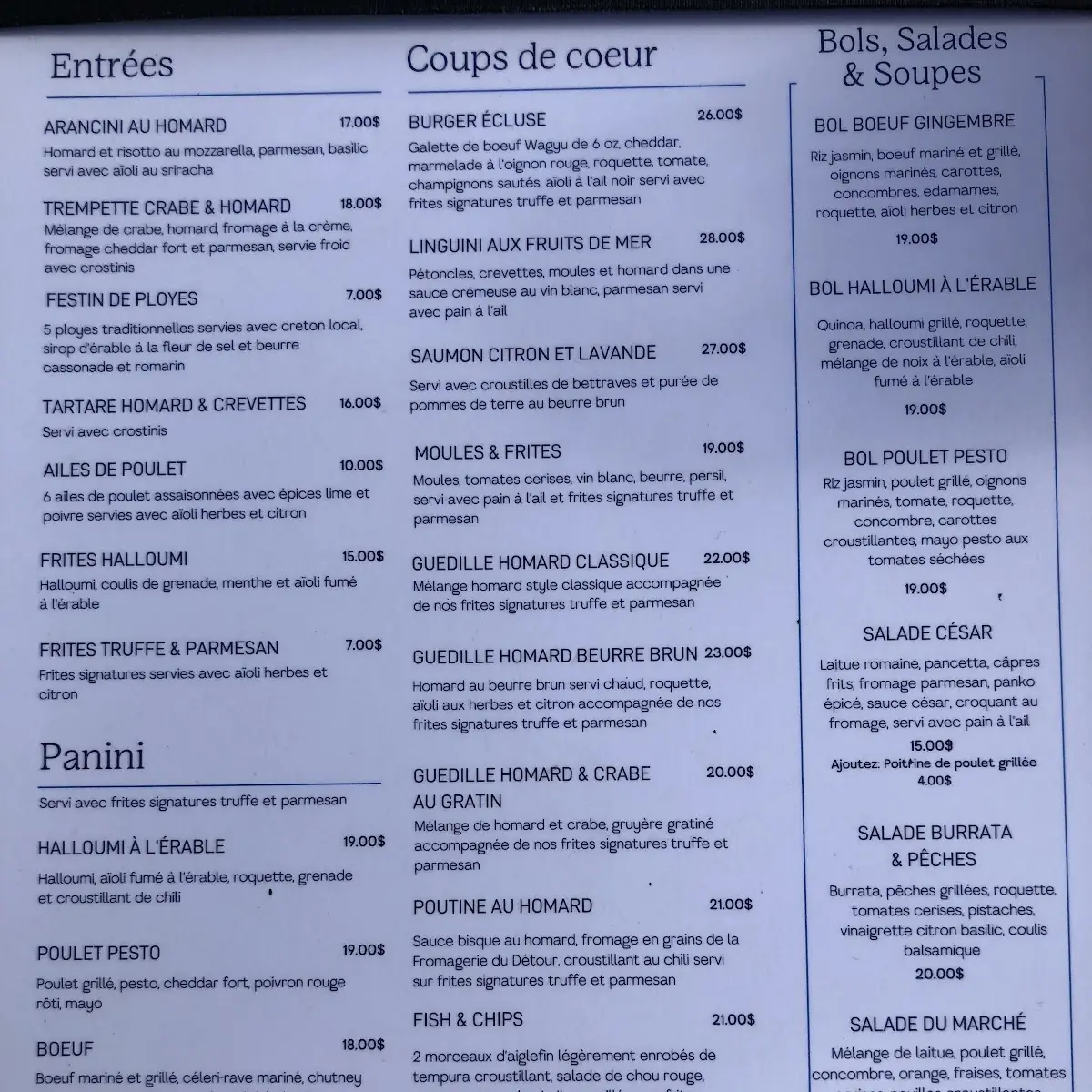 Menu, L'Écluse - halte gourmande