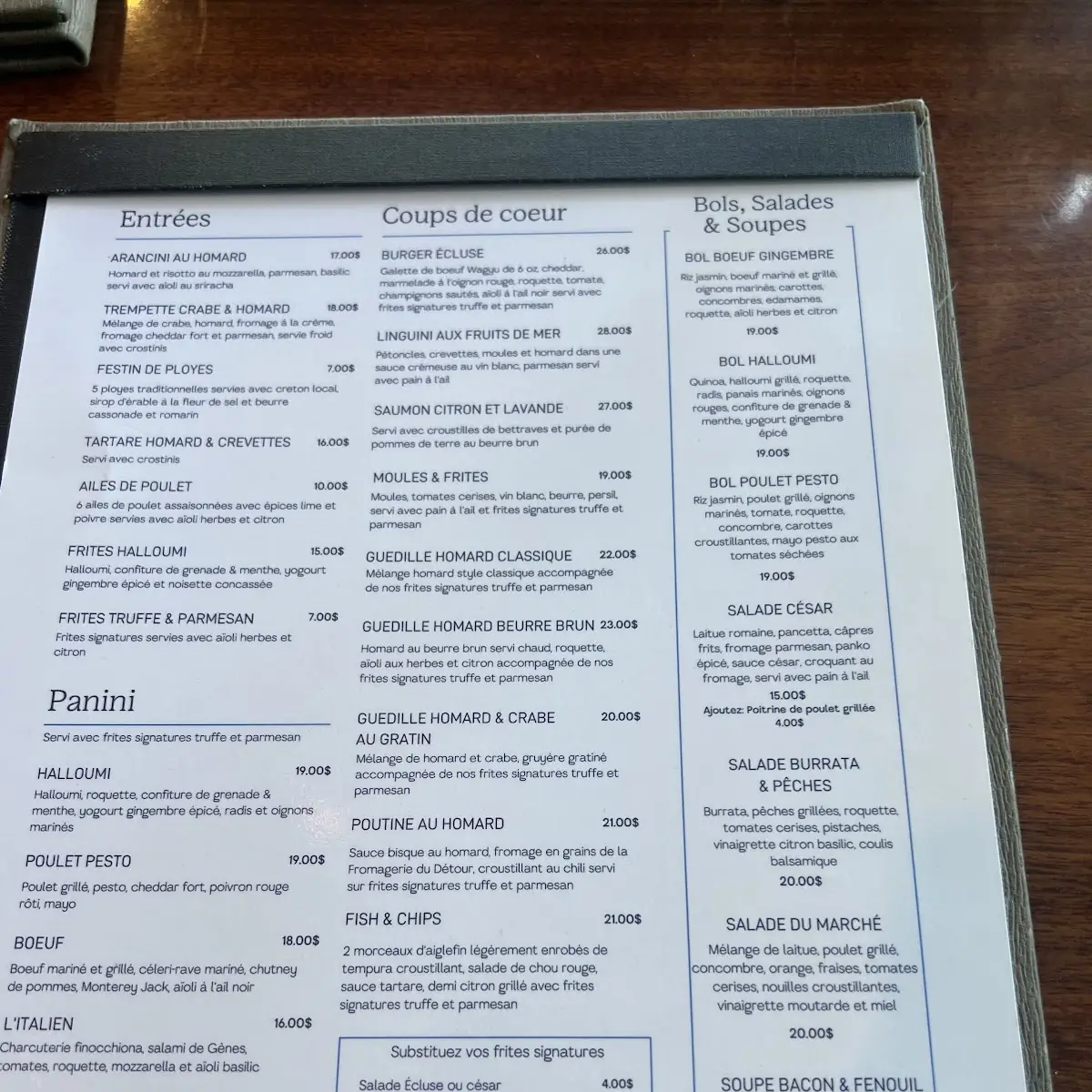 Menu, L'Écluse - halte gourmande