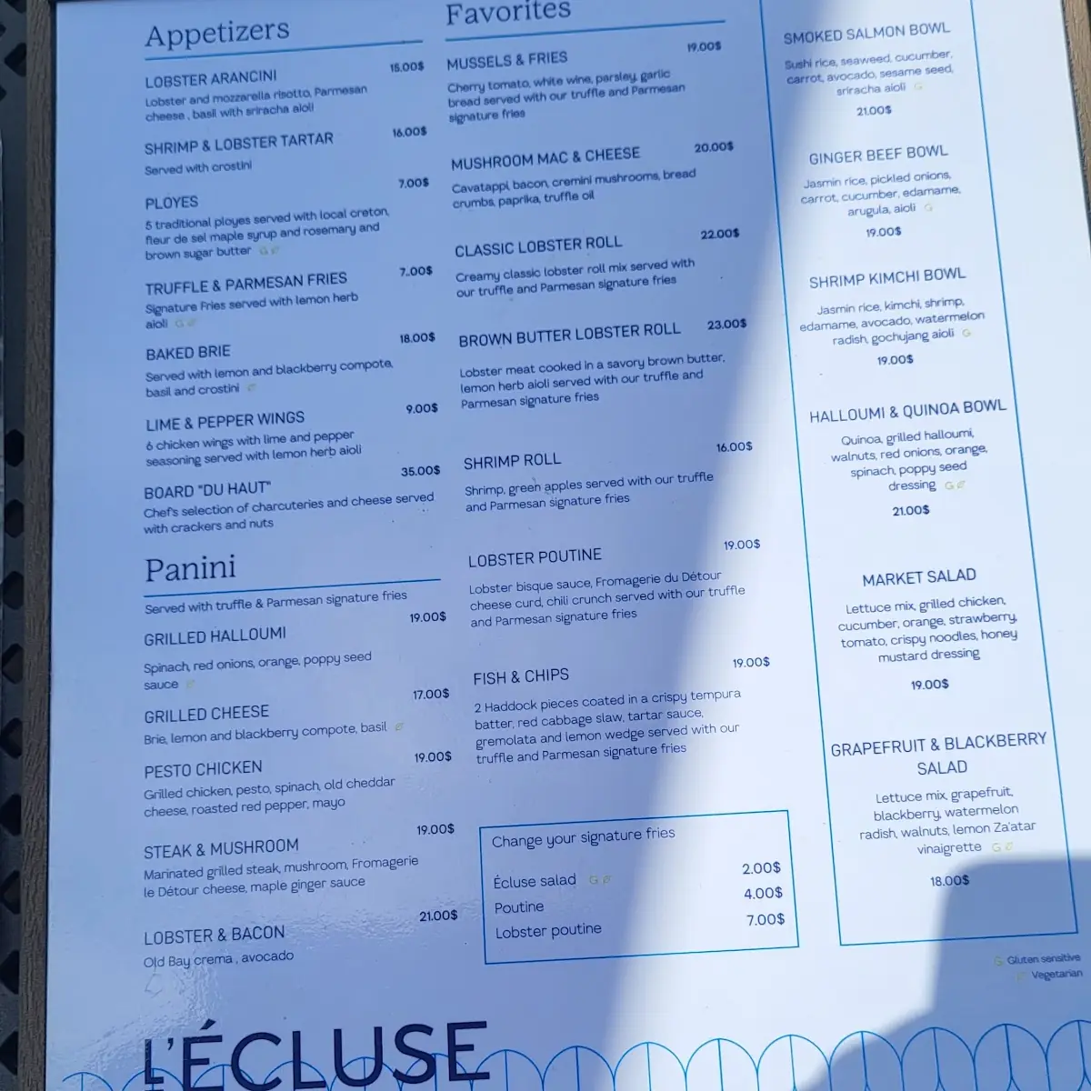 Menu, L'Écluse - halte gourmande