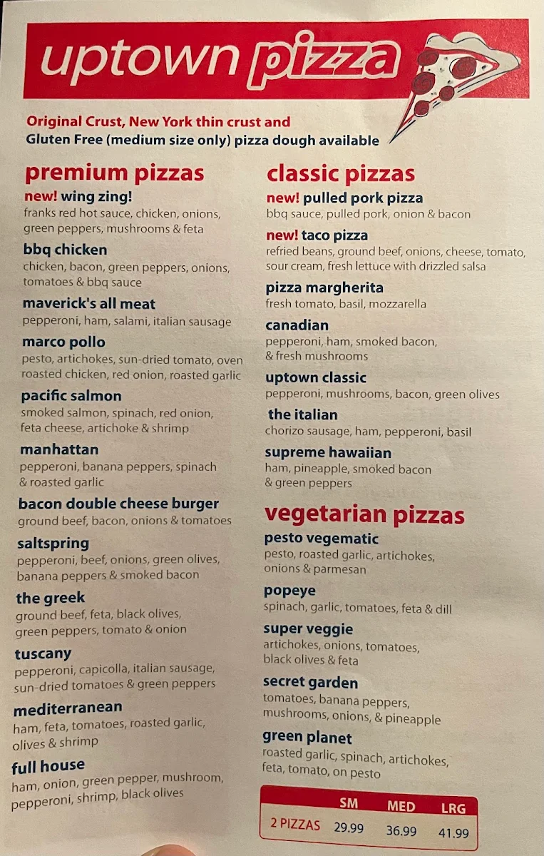 Menu, Uptown Pizza