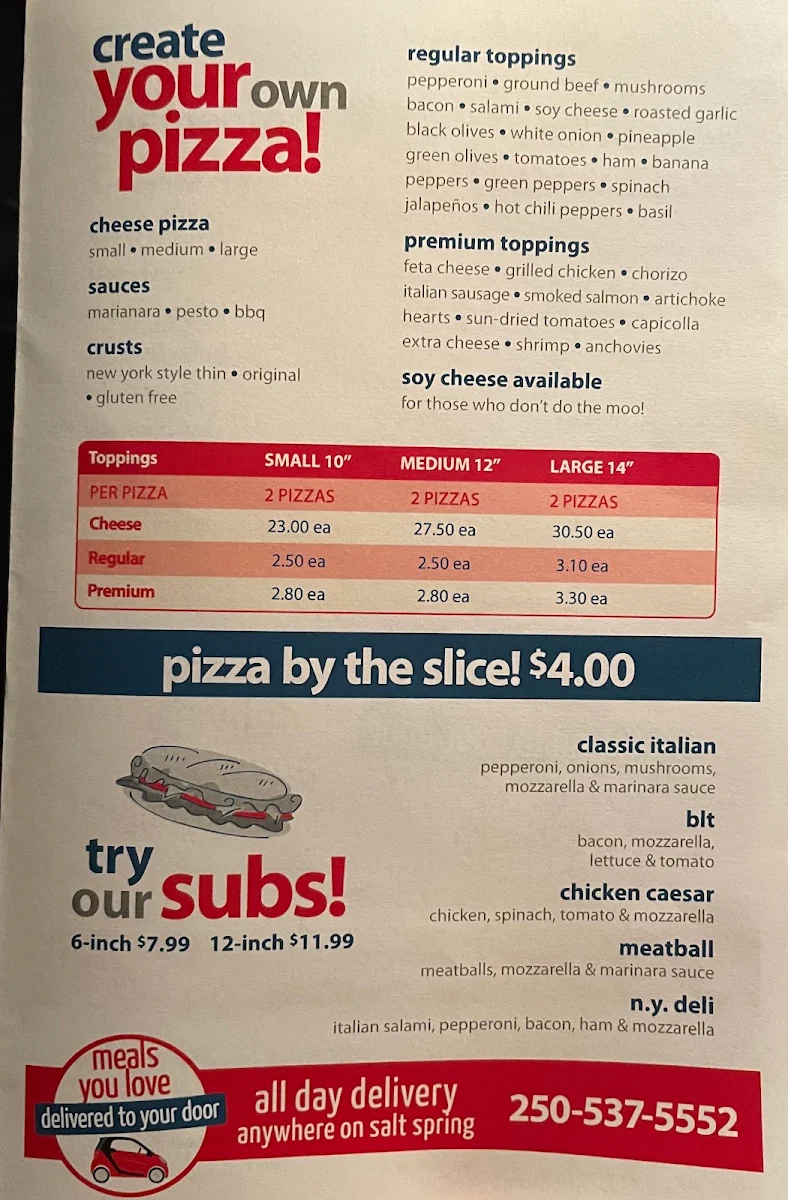 Menu, Uptown Pizza