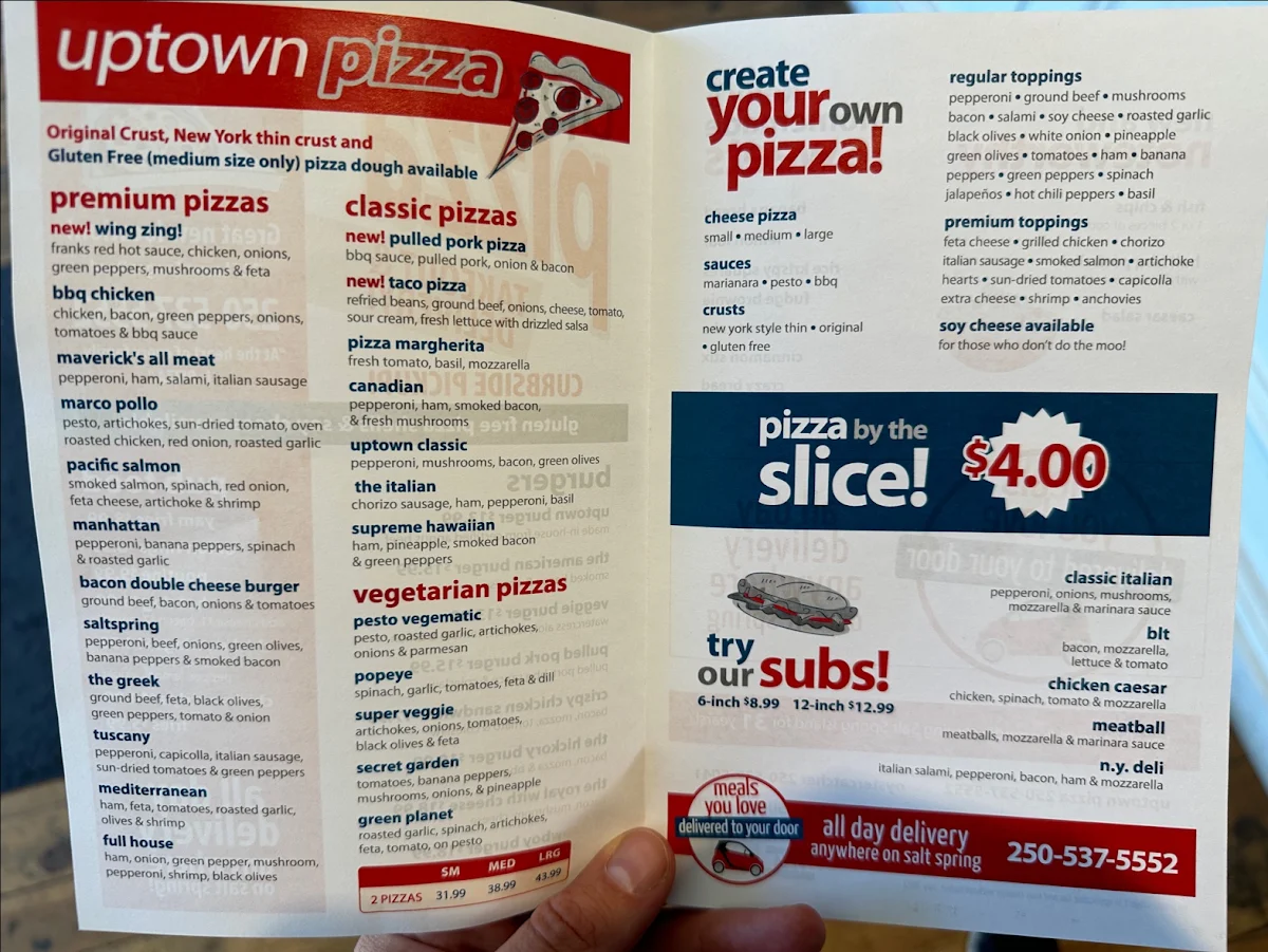 Menu, Uptown Pizza