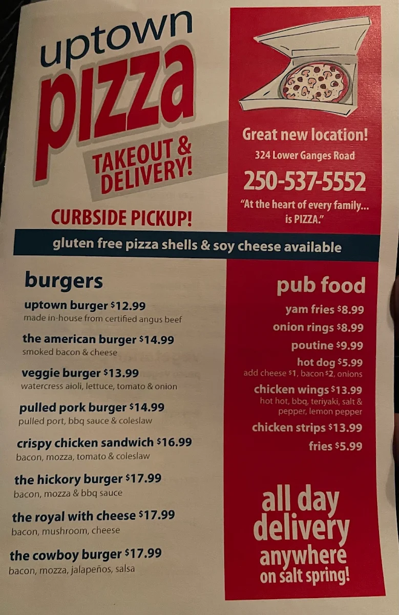Menu, Uptown Pizza