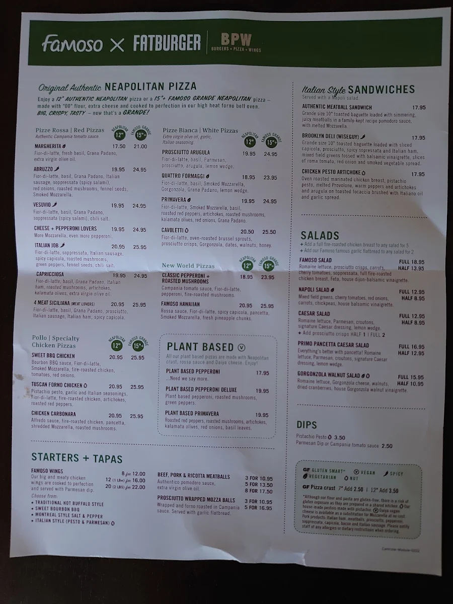 Menu, Famoso Italian Pizzeria - Camrose