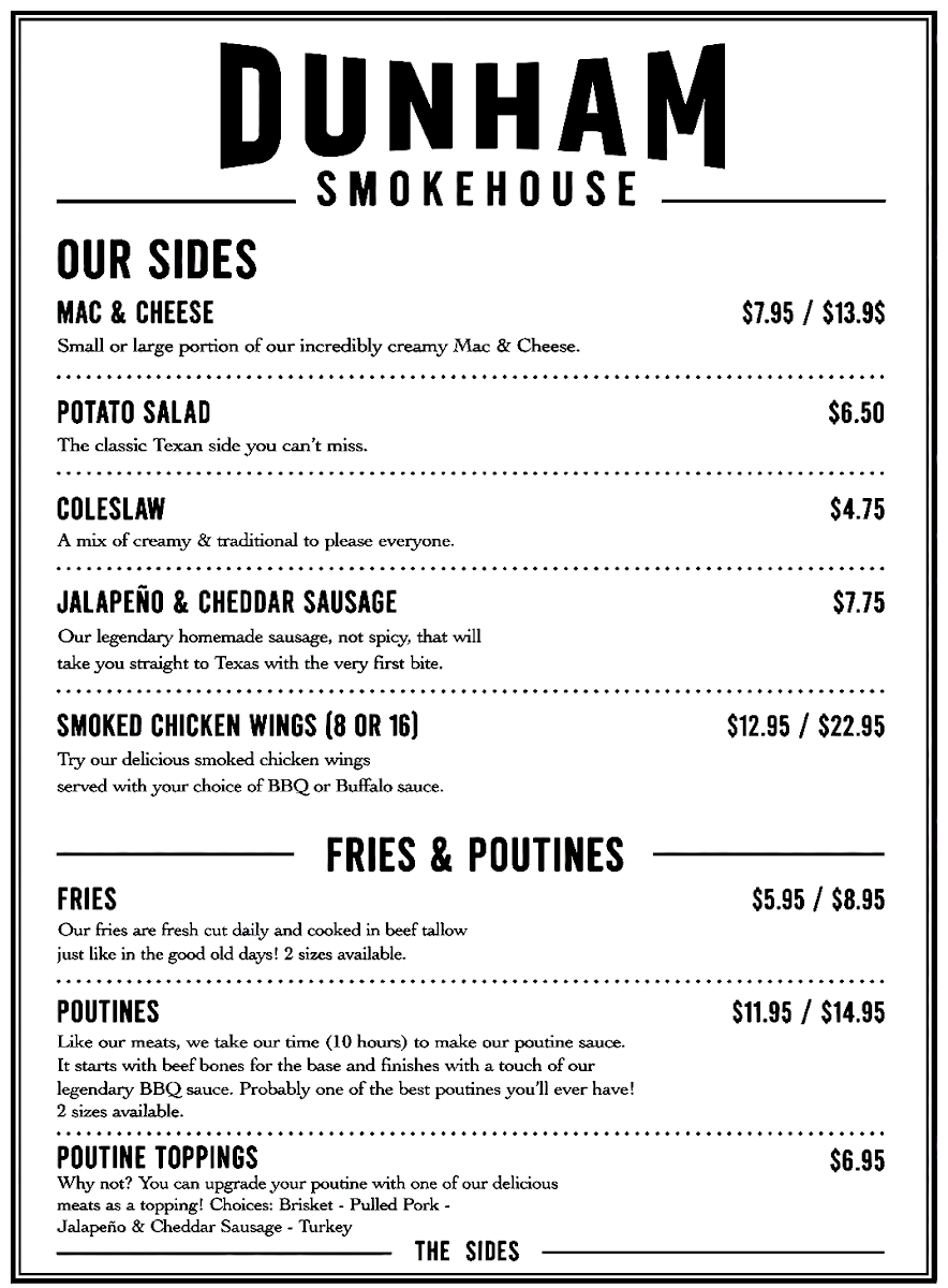 Menu, Dunham Smokehouse