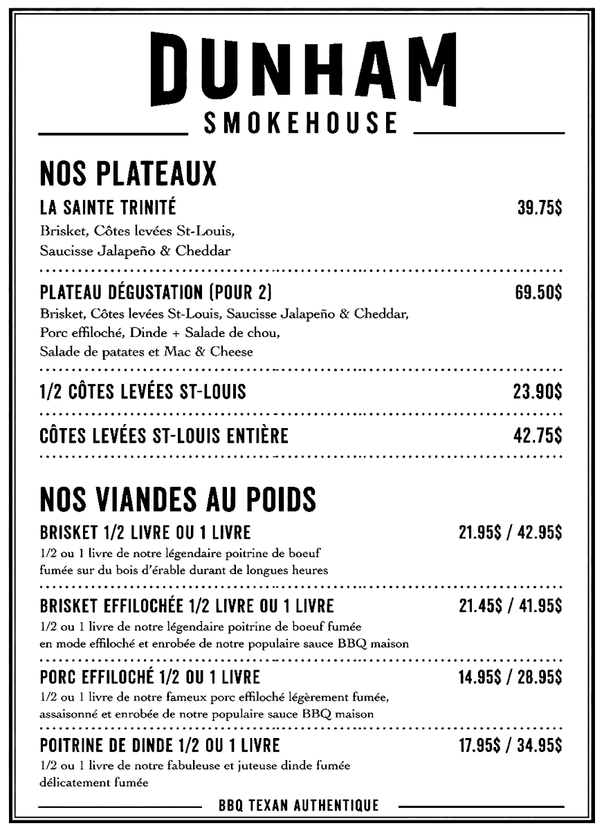 Menu, Dunham Smokehouse