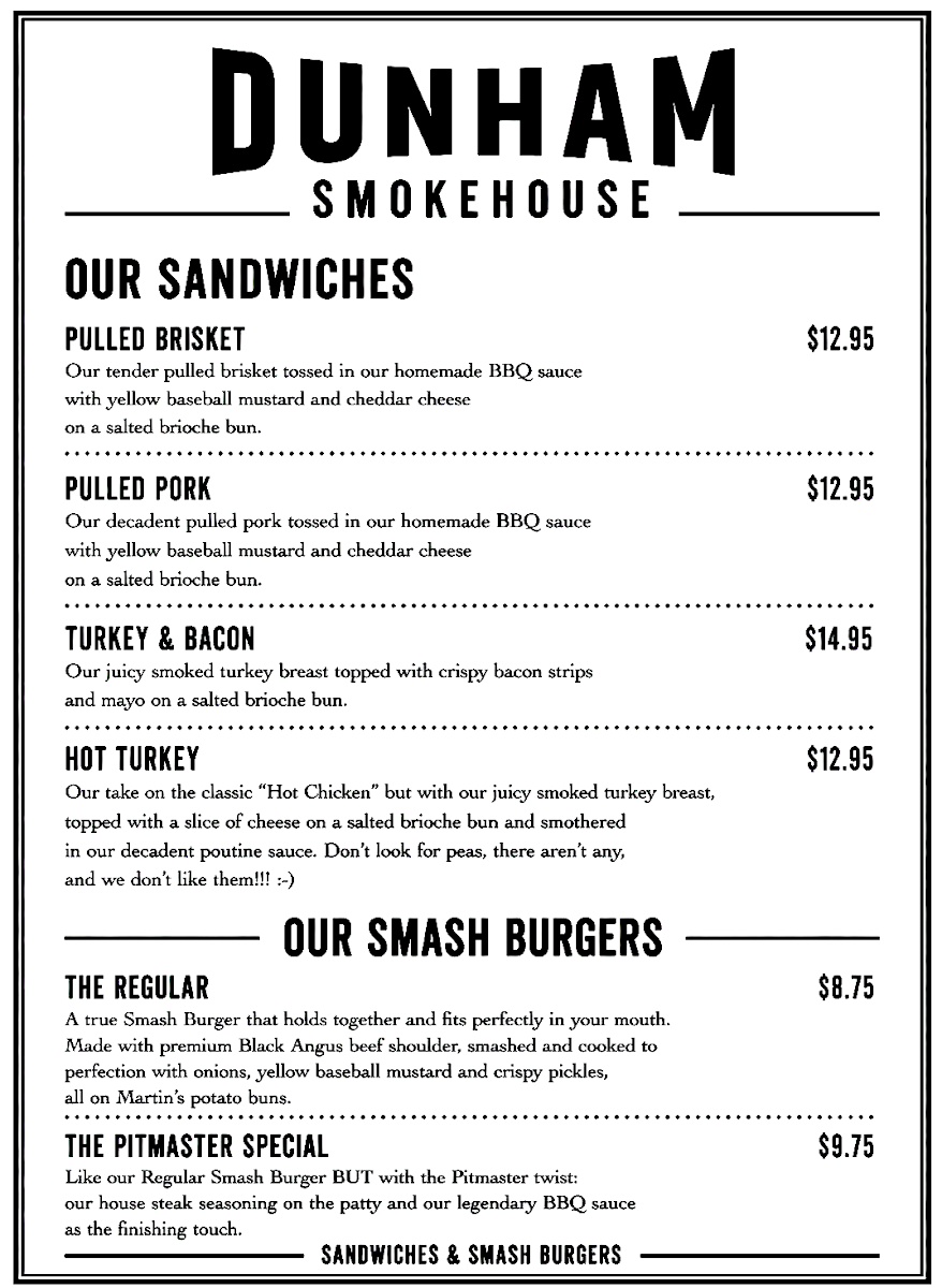 Menu, Dunham Smokehouse