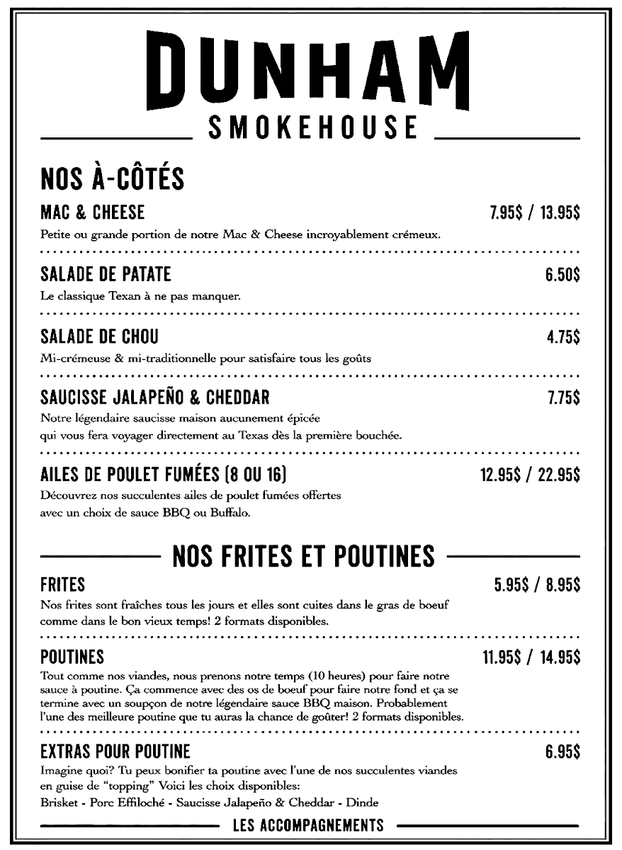 Menu, Dunham Smokehouse