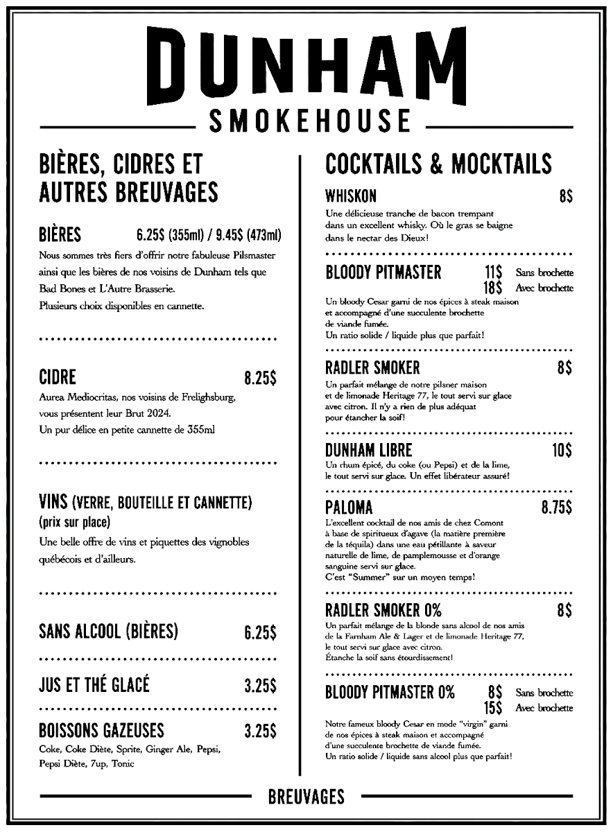 Menu, Dunham Smokehouse