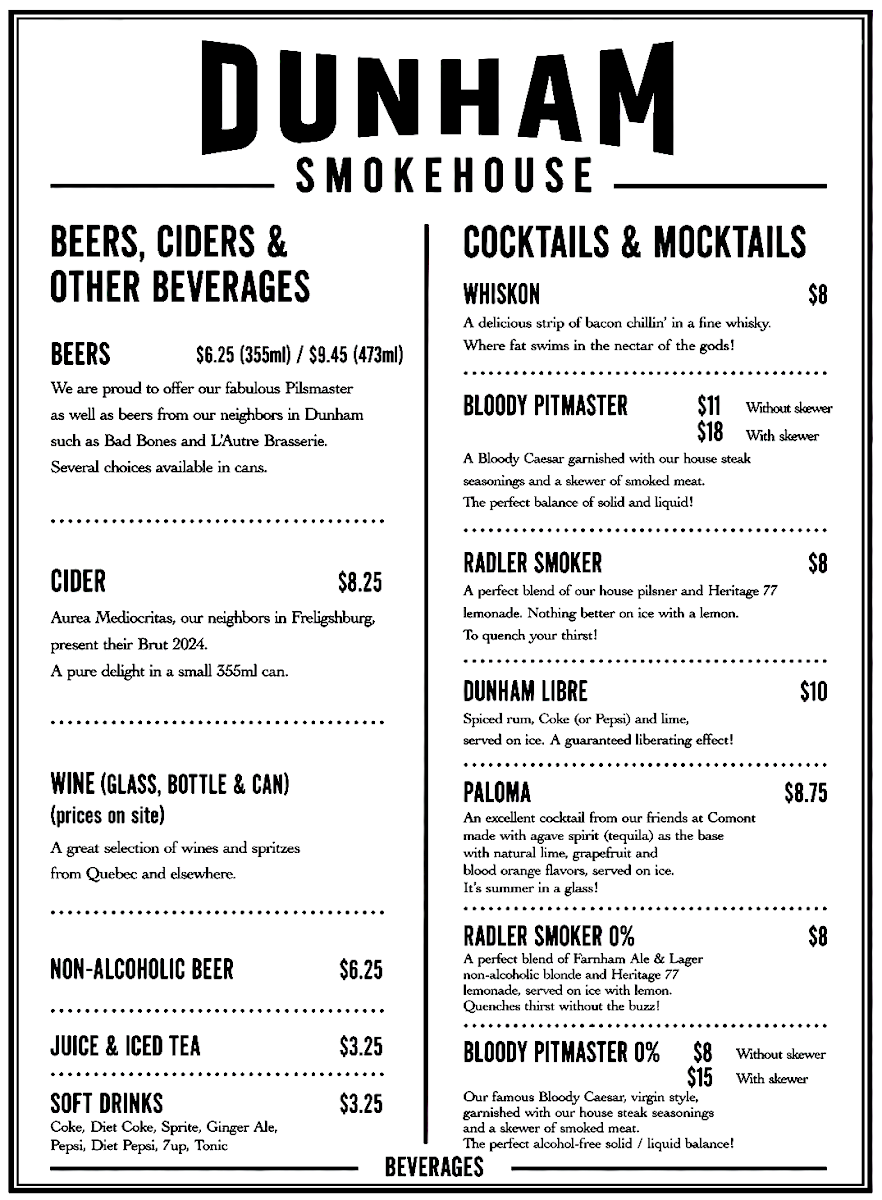 Menu, Dunham Smokehouse