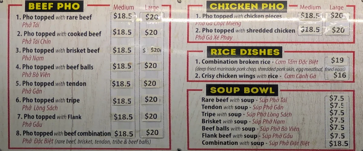 Menu, Pho An SKYLARK