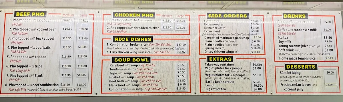 Menu, Pho An SKYLARK