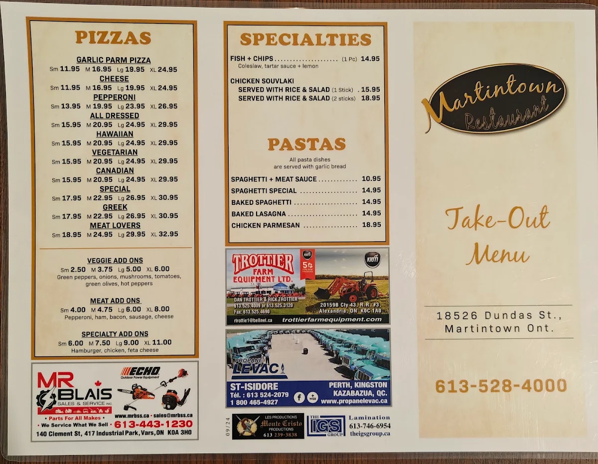 Menu, Martintown Restaurant
