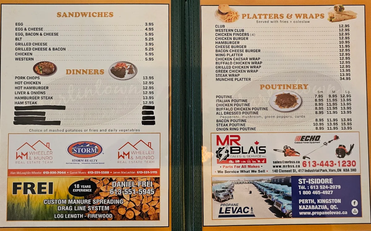Menu, Martintown Restaurant