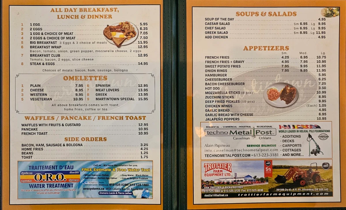 Menu, Martintown Restaurant