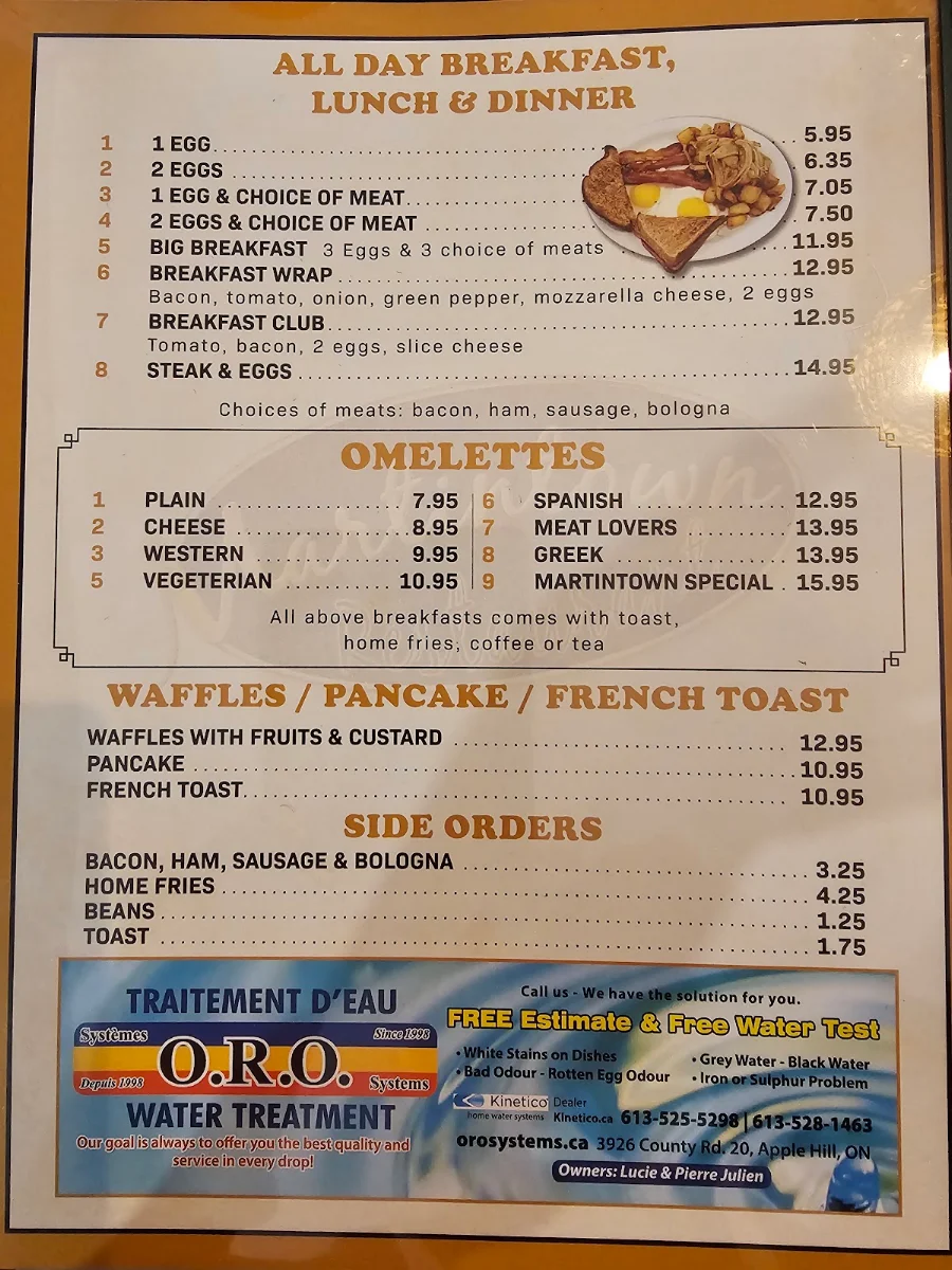 Menu, Martintown Restaurant