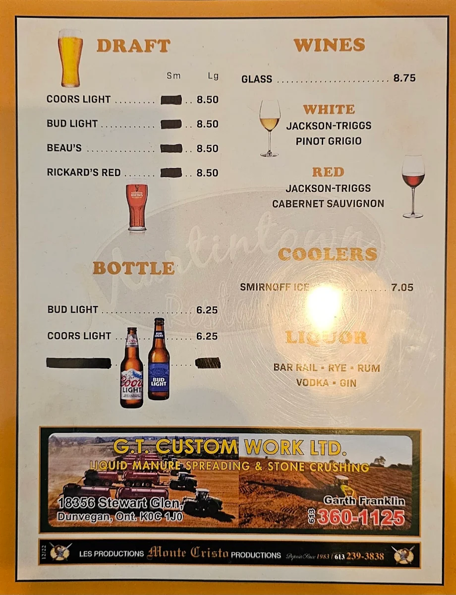 Menu, Martintown Restaurant