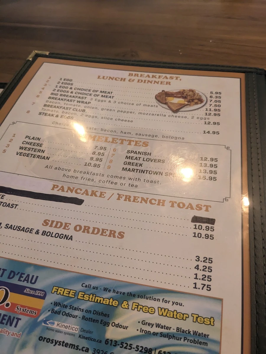 Menu, Martintown Restaurant