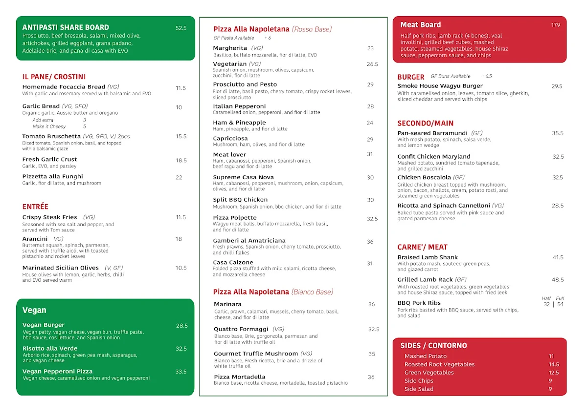 Menu, Casa Nova Italian Restaurant & Bar, Honeysuckle