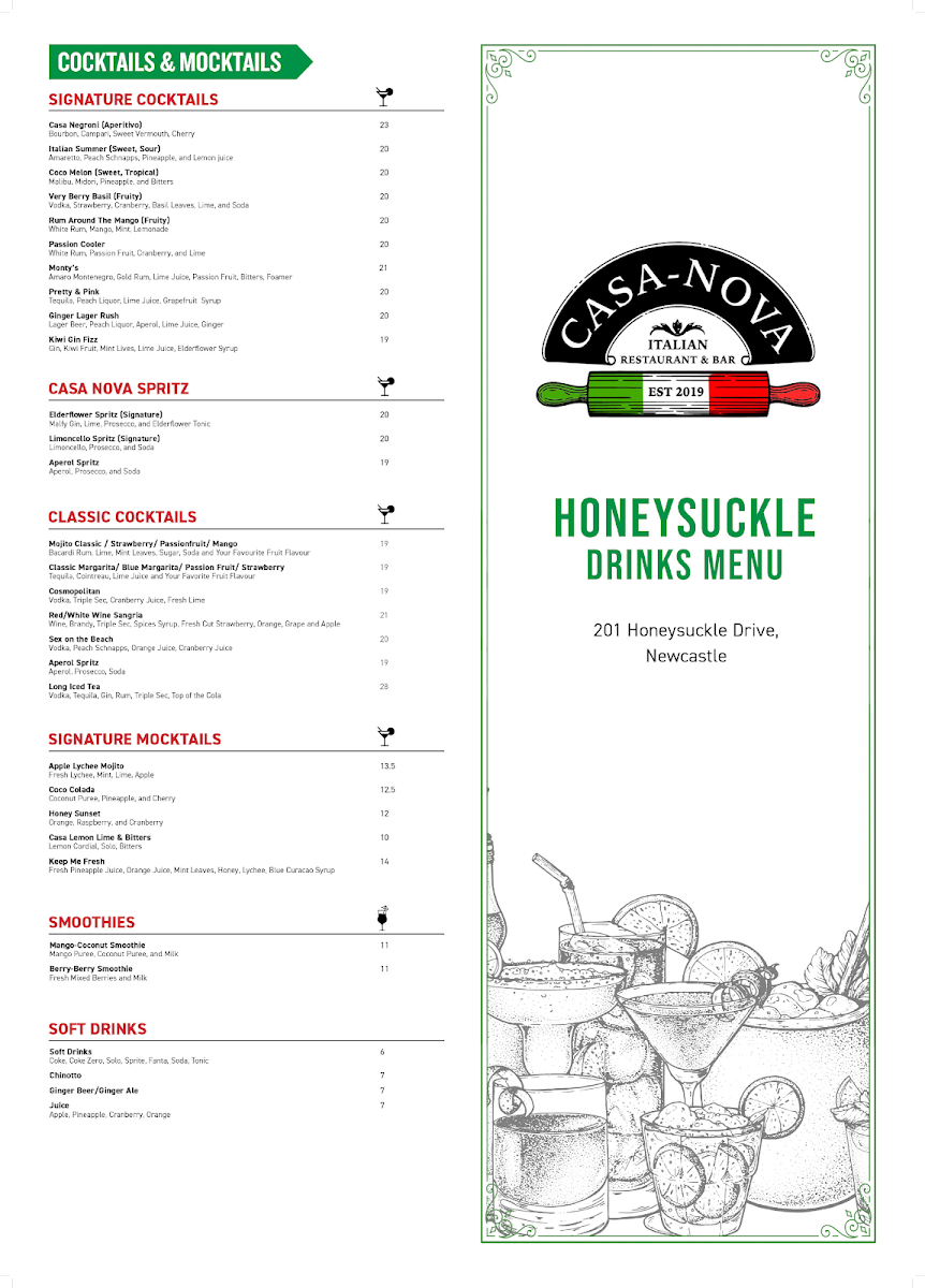 Menu, Casa Nova Italian Restaurant & Bar, Honeysuckle