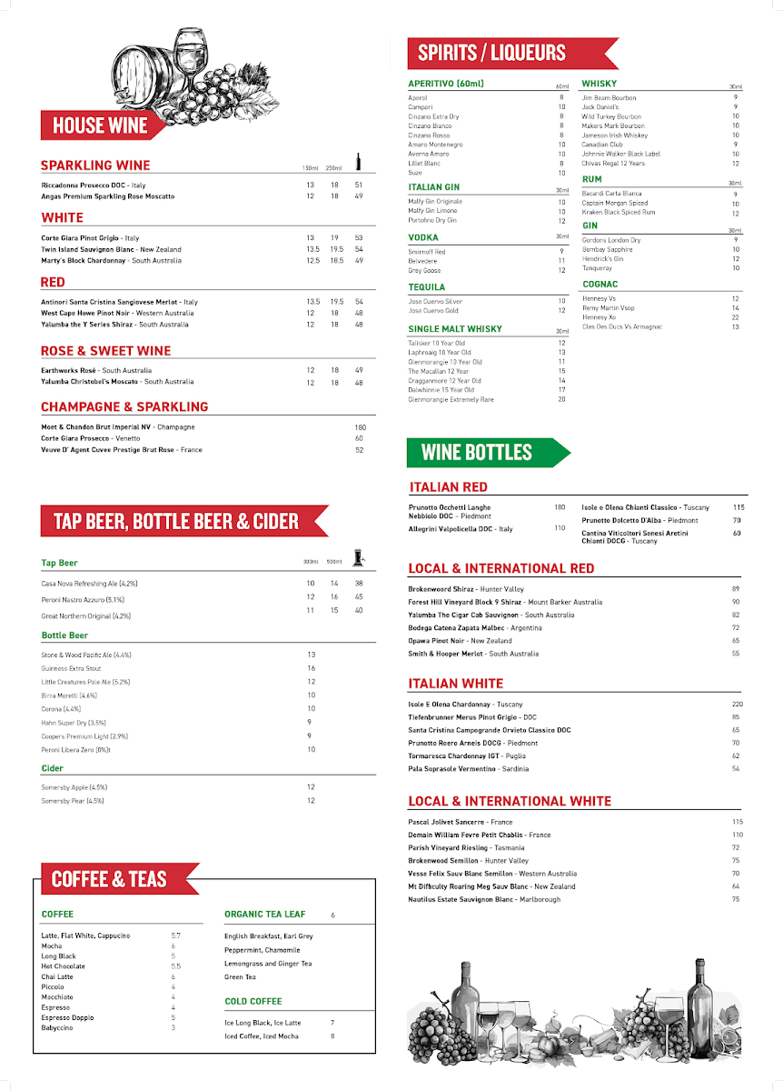 Menu, Casa Nova Italian Restaurant & Bar, Honeysuckle