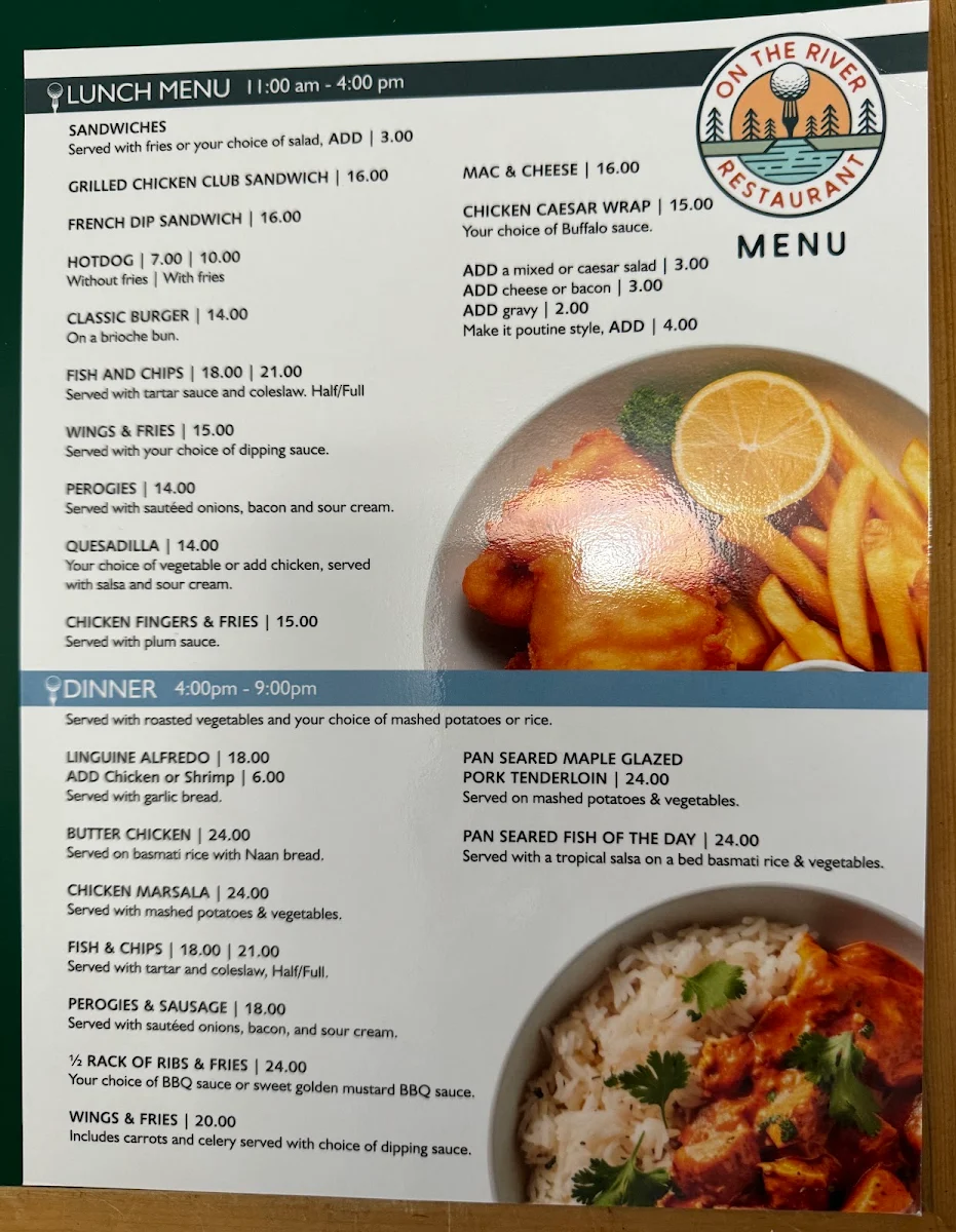 Menu, On The River Restaurant