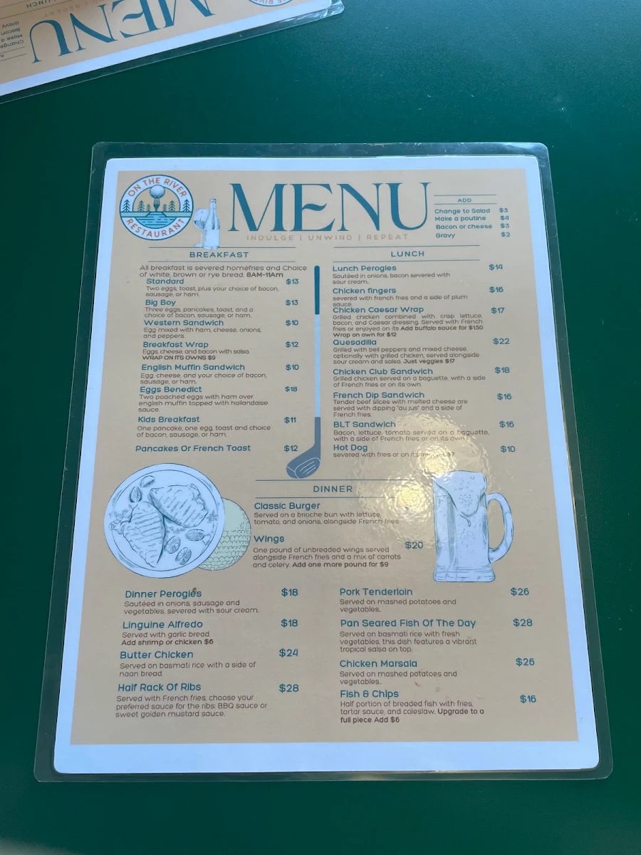 Menu, On The River Restaurant