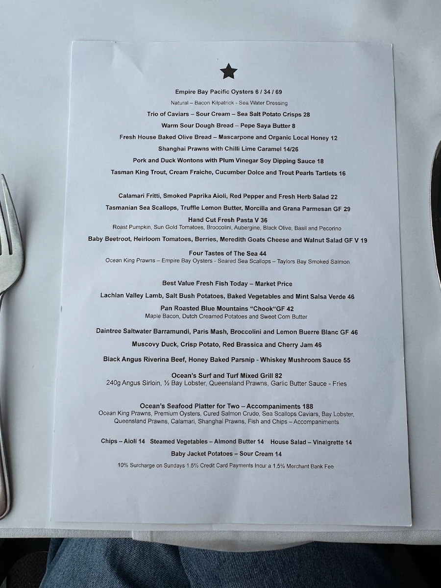 Menu, Ocean Restaurant and Bar - Blue Bay