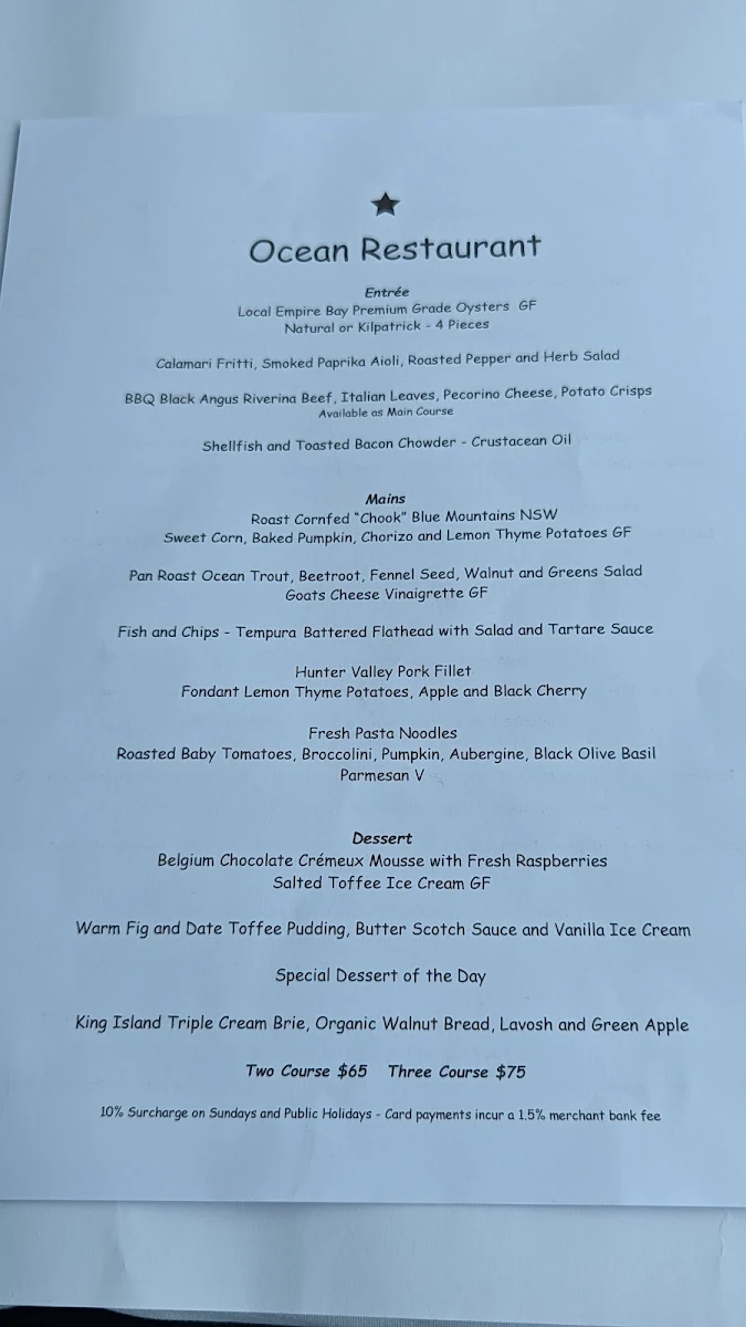 Menu, Ocean Restaurant and Bar - Blue Bay
