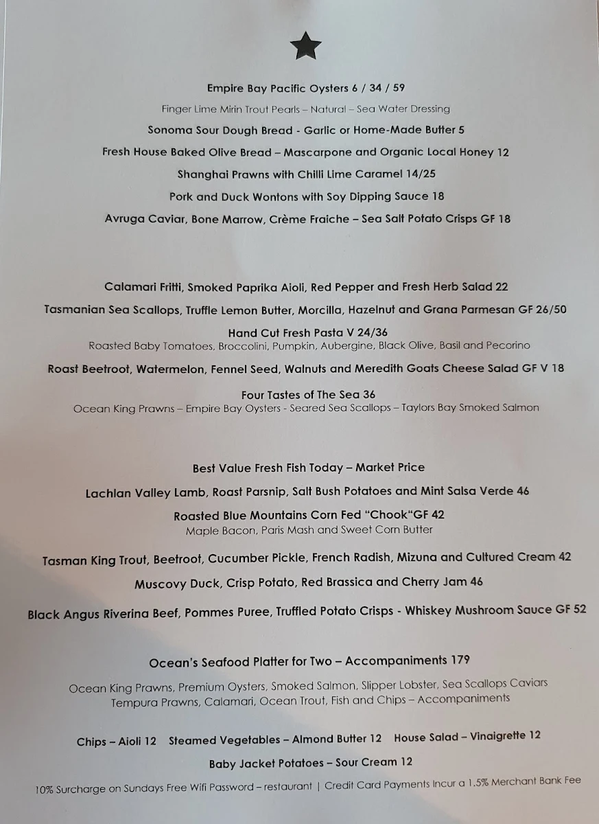 Menu, Ocean Restaurant and Bar - Blue Bay