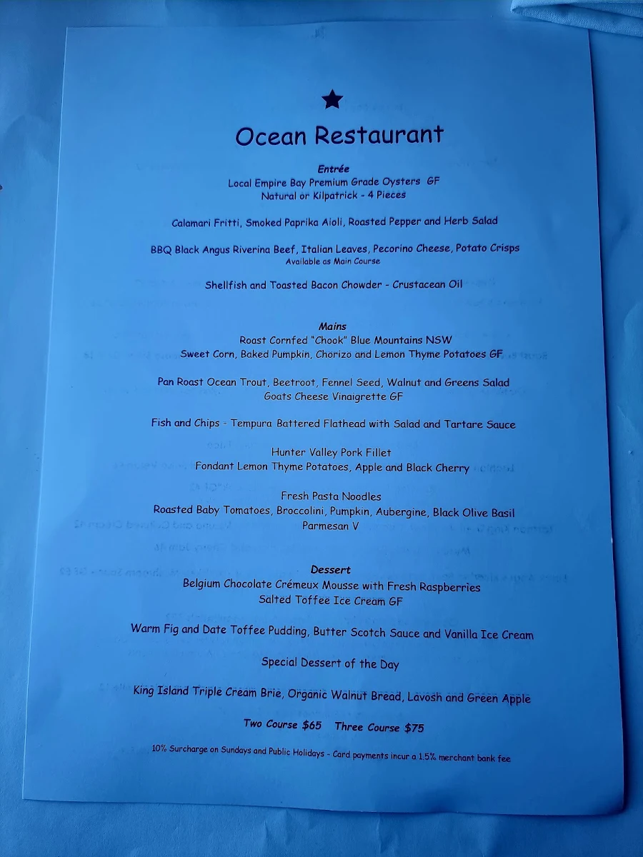 Menu, Ocean Restaurant and Bar - Blue Bay