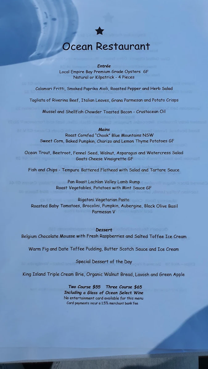Menu, Ocean Restaurant and Bar - Blue Bay