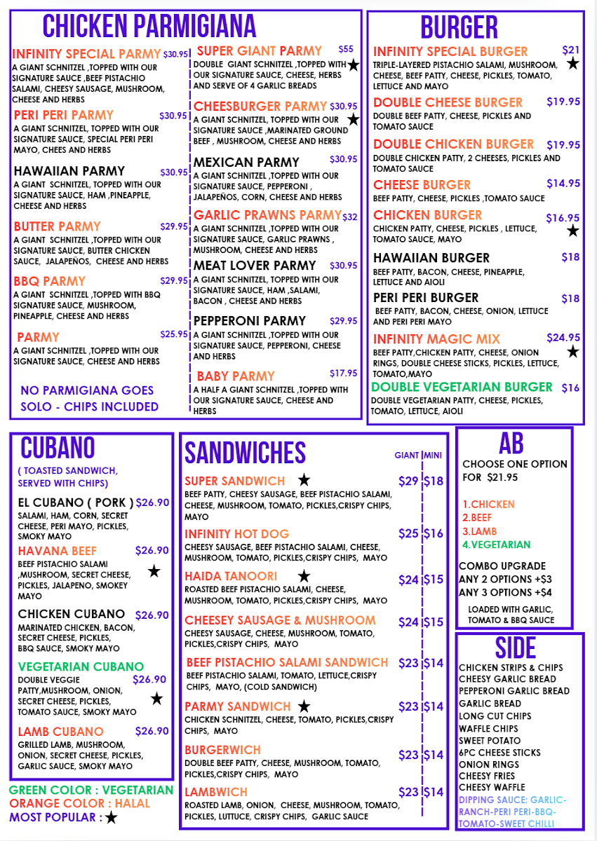 Menu, Pizza infinity
