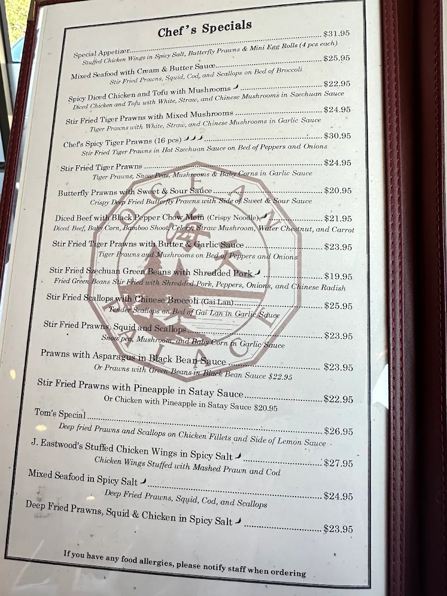 Menu, Ocean Palace Chinese Seafood Restaurant