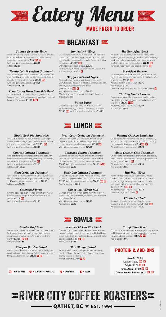 Menu, River City Coffee Roasters, Bakery and Eatery