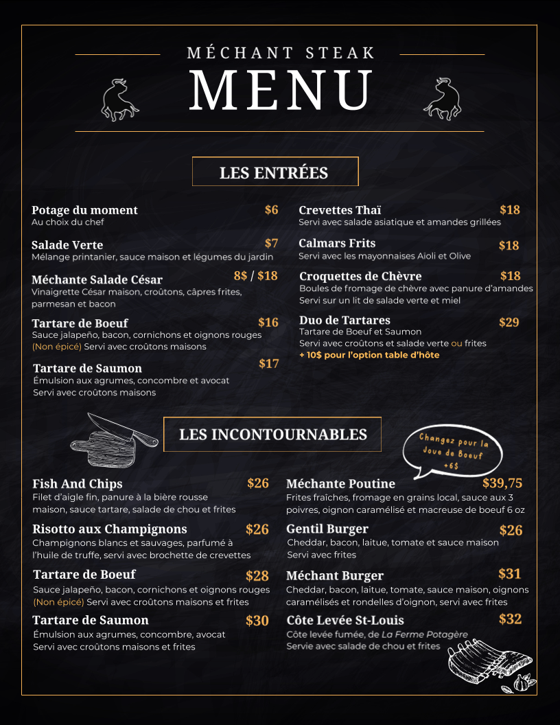 Menu, Méchant Steak Magog