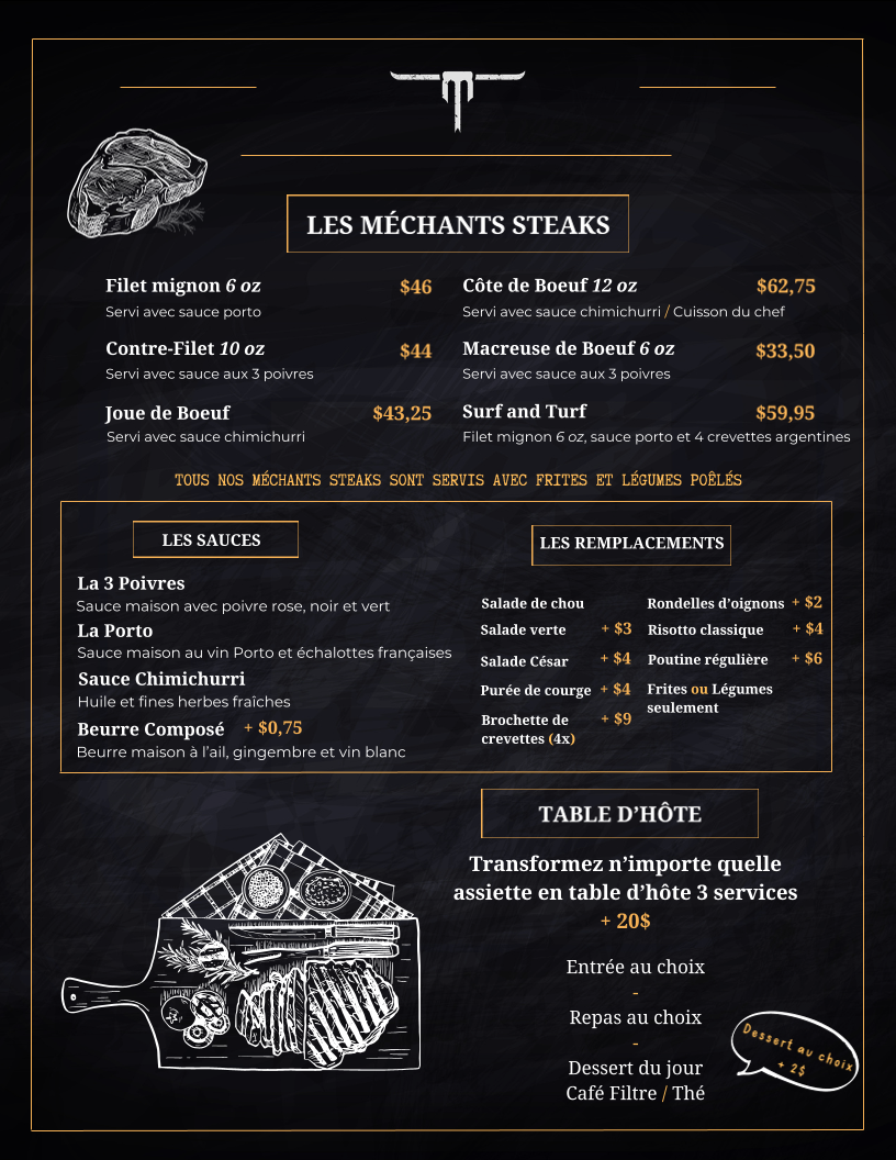 Menu, Méchant Steak Magog