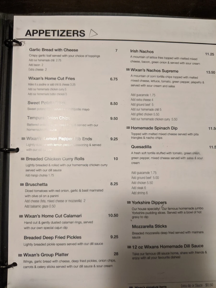 Menu, Wixan's Bridge Restaurant
