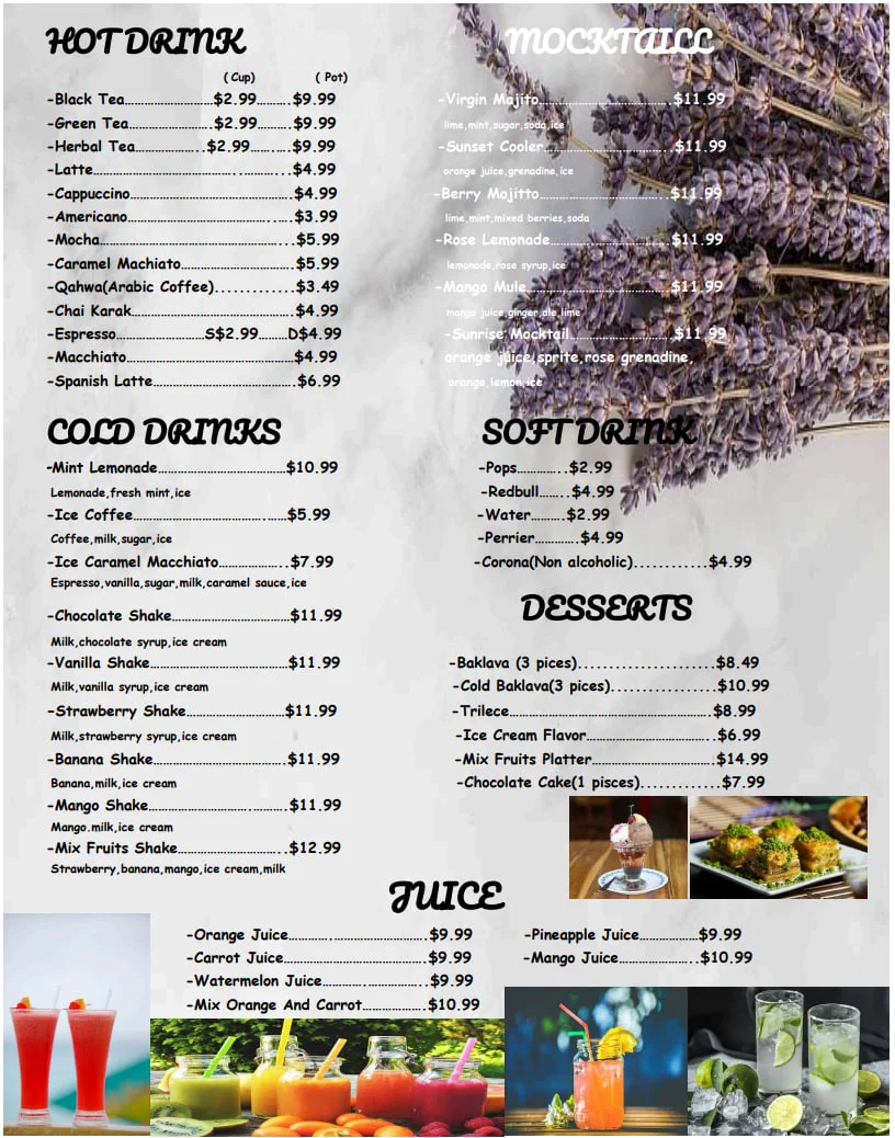 Menu, Lavendera Restaurant & Cafe