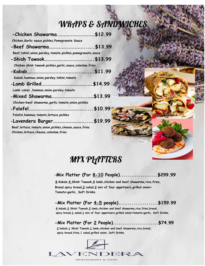 Menu, Lavendera Restaurant & Cafe