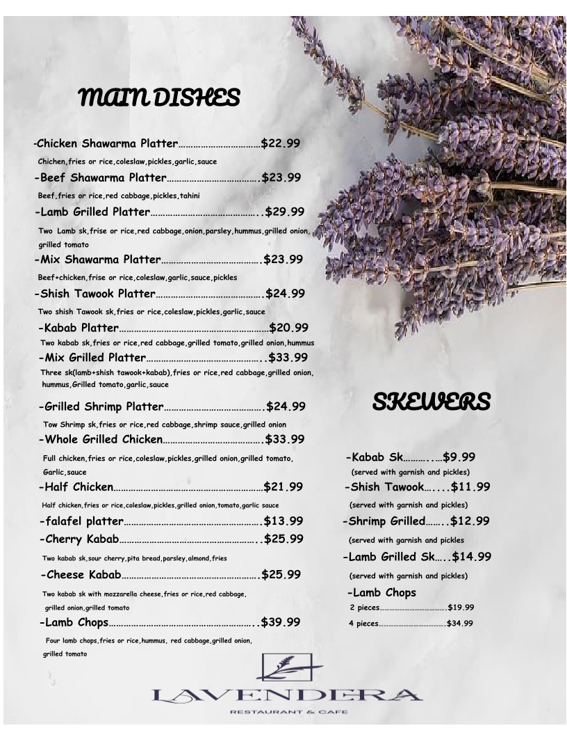 Menu, Lavendera Restaurant & Cafe