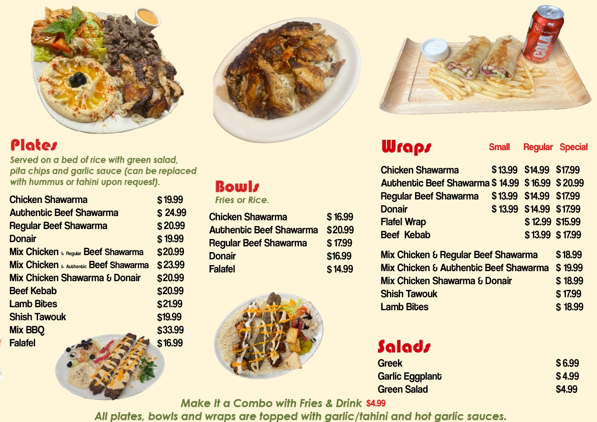 Menu, Kayan Shawarma and Grill House