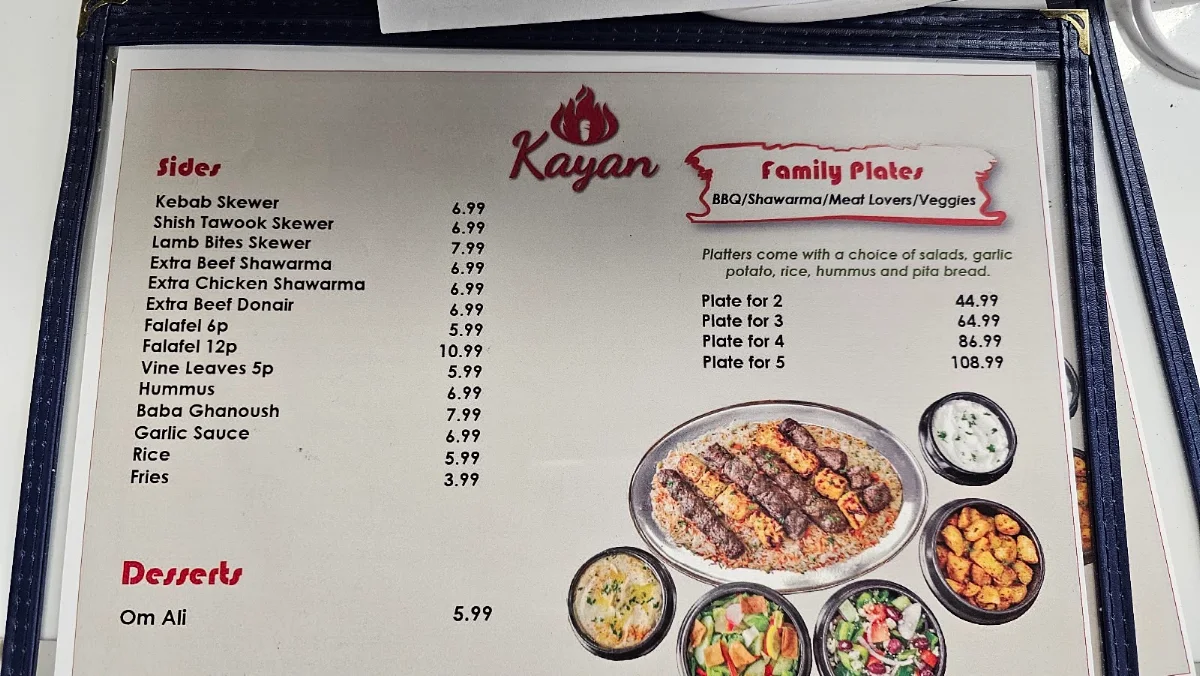 Menu, Kayan Shawarma and Grill House