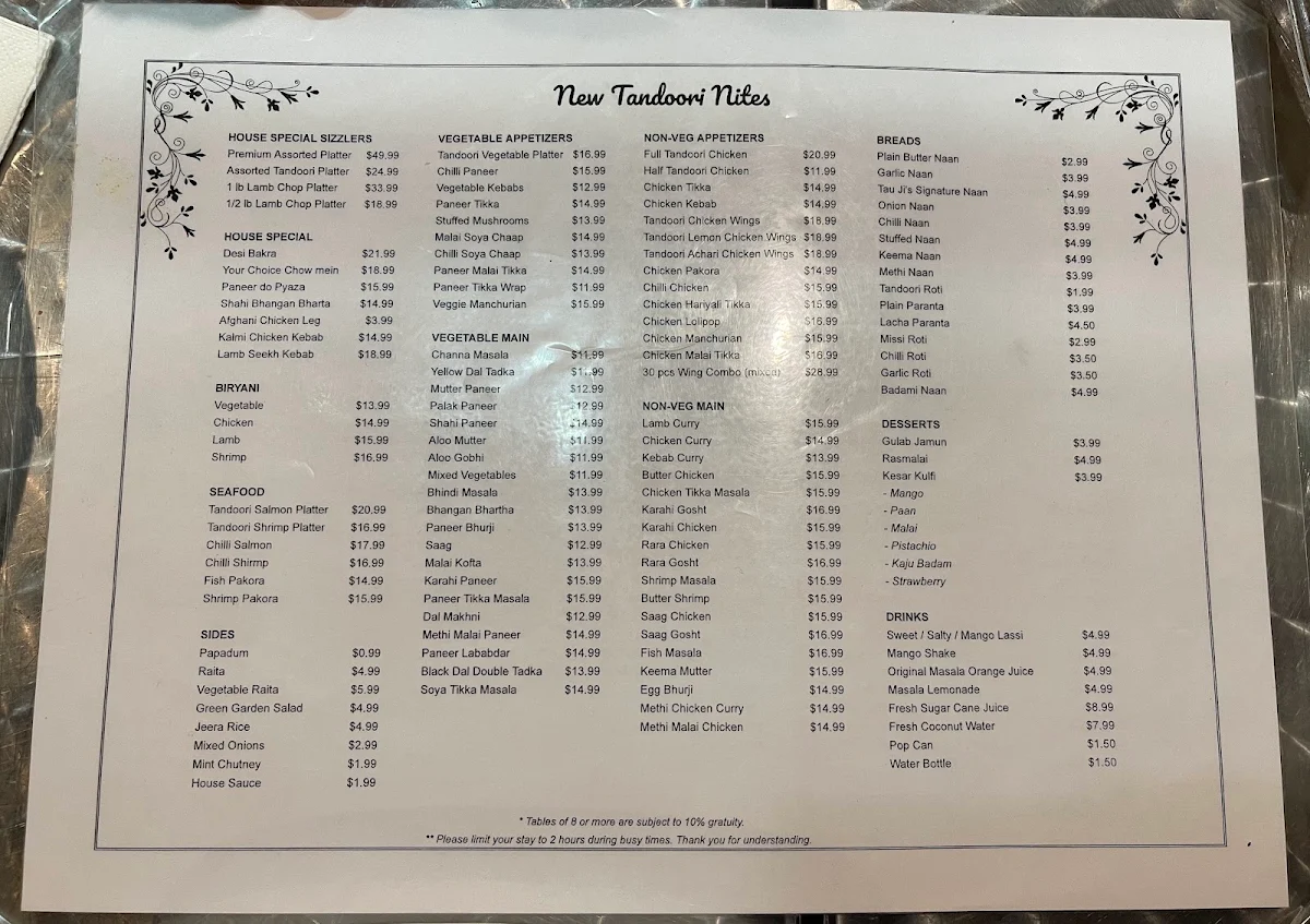 Menu, New Tandoori Nites
