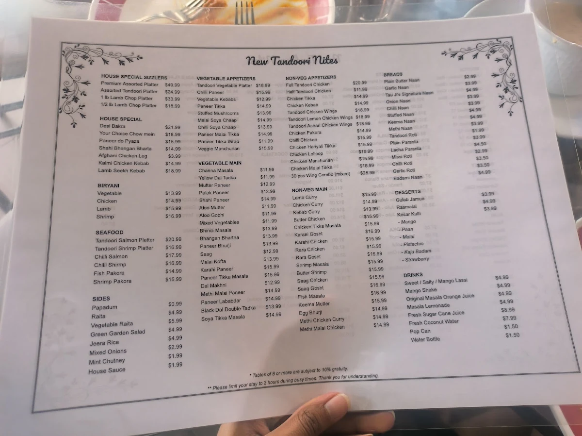 Menu, New Tandoori Nites